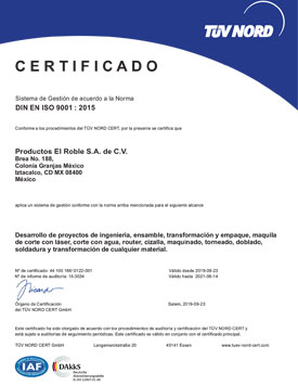 Certificado 9001:2015 Productos El Roble 2019-2021