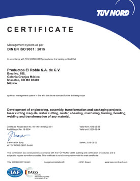Certificate DIN 9001:2015 Productos El Roble 2019-2021